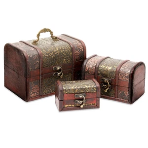 Set of 3 Small Wooden Treasure Chest Boxes with Flower Motif for Keepsakes - Picture 1 of 10