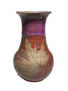 Mark Alewine Keramik Herbstblatt Vase Ahornblätter rot grün lila signiert ≈8" - Bild 1 von 13