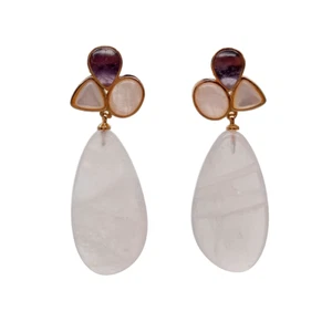 Natural Pink Rose Quartz Amethyst White Shell Dangle Stud Earrings - Picture 1 of 10