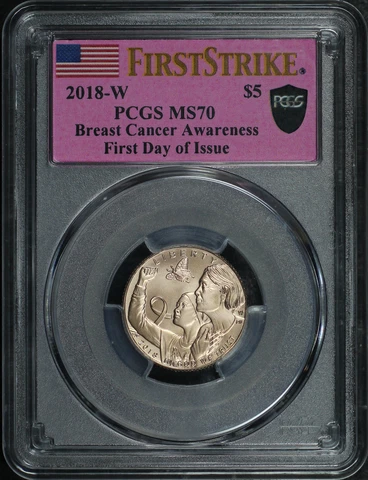 2018-W Breast Cancer $5 Pink Gold FDOI First Strike PCGS MS-70 Secure Label Cover