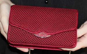 JUDITH LEIBER SWAROVSKI CRYSTAL FORMAL SATIN WINE RED QUILTED MINAUDIERE CLUTCH - Picture 1 of 12