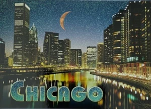 Chicago Skyline Towers Glitter Postcard Illinois 4 x 6" Night Scene - Picture 1 of 2