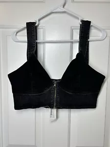 NWT Nastygal Women's Petite Contrast Zip Strappy Denim Bralette Top Sz 6/32B Blk - Picture 1 of 7