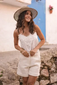 Damen Freizeit Relax elastisch Rücken weiß Blumenmuster Spitze Perlen Riemen Cami Top.S-L - Bild 1 von 8