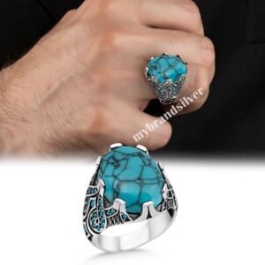 Solid 925 Sterling Silver Turkish Jewelry Turquoise Stone Men's Ring All Size