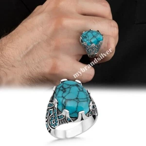 Solid 925 Sterling Silver Turkish Jewelry Turquoise Stone Men's Ring All Size - Picture 1 of 3
