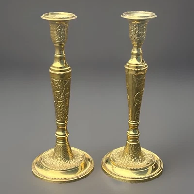 Vintage Pair Hosley Solid Brass Candlesticks  11″ Ornate Candle Holders India - Image 1 of 4