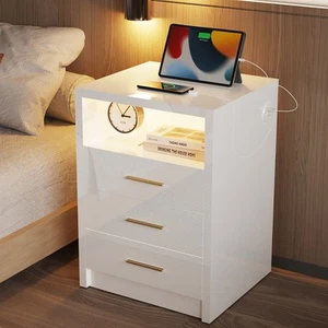 Bedside Table 3 Drawers LED with Charging Station Nightstand Cabinet White/Black - Picture 1 of 29