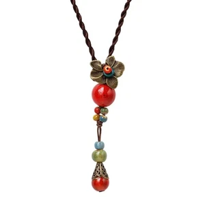 Vintage Bohemian Colorful Ceramic Bead Antique Flower Y Necklace, - Picture 1 of 7