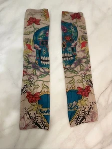 Mesh Tattoo Arm Sleeves One Size Beige Blue Red Sugar Skull Floral Biker Y2K - Picture 1 of 4
