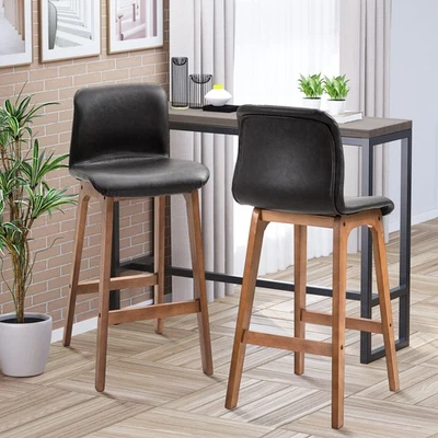 HOMCOM 2 Pcs 93cm Faux Leather Bar Stools Wooden Frame Footrest Padding High Back Brown