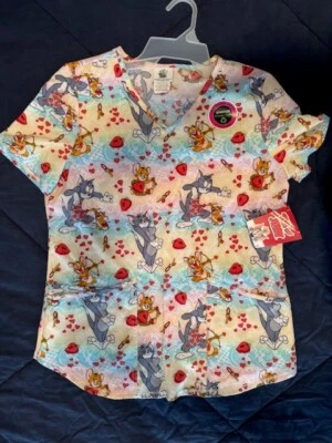 Scrubstar Tom & Jerry Love Print Hearts Nurse Uniform Scrub Top - Image 1 of 3
