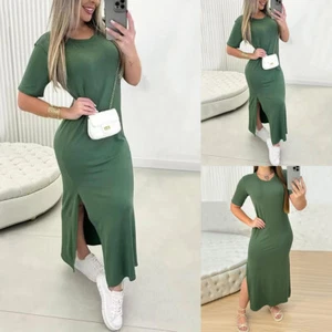 Women Solid Crew Neck Summer Short Sleeve Maxi Long Shirt Slip Dresses Sundress - Picture 1 of 12