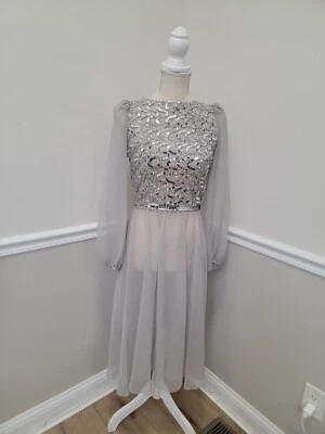 复古灰色雪纺透明连衣裙/银色亮片弹力紧身胸衣裙 — 第 1/4 张图片