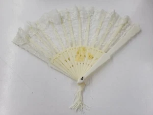 Vintage Handheld Faux Ivory Folding Hand Fan Plastic Sheer Lace Tassle - Picture 1 of 6