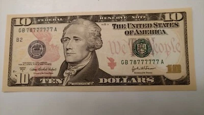 ONE FR 2039B 2004 A $10.00 FRN ALMOST ALL "7" UNCIRCULATEDSERIAL # GB78777777A - Image 1 of 4