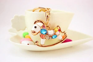 Rocking Horse Sparkling Gemstones Rhinestones Bag Charm Handbag Pendant Keyring - Picture 1 of 11