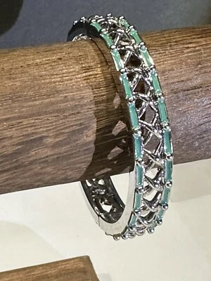 Blue Turquoise Enamel & Silver Tone  Bangle Bracelet Hinge - Fashion Jewelry EUC - Image 1 of 4