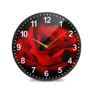 Red Rose Flower Black Wall Clock Battery Operated Silent Non Ticking Clocks f... - Picture 1 of 7