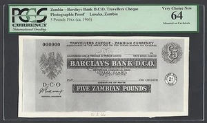 Zambia - Barclays Bank D.C.O 5 Pounds ND(1966) Photographic Proof Uncirculated   - Picture 1 of 2