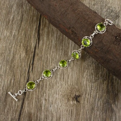 Natural Peridot Gemstone Jewelry 925 Sterling Silver Chain Bracelet For Women - Image 1 of 4