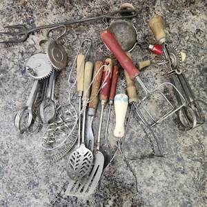 Vtg Kitchen Utensils Wood Handle A & J Egg Beaters Fork Masher Rustic Farmhouse - Picture 1 of 22