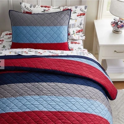 NUEVO Edredón Pottery Barn Kids Algodón Bloque Rayas Azul Marino Rojo Azul Gris Completo/Reina Foto 1 de 4