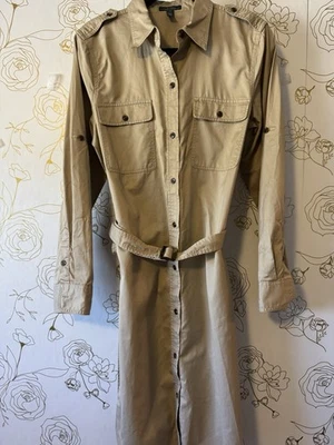 Lauren Ralph Lauren Shirtdress Safari Khaki Button Front Roll-Tab Sleeve Size 12 - Image 1 of 4