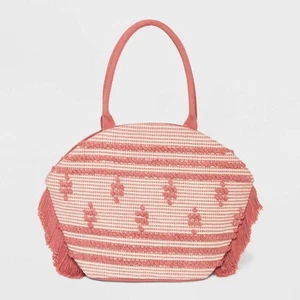 Shade & Shore Women's Tote Bag Handbag Straw Rose Pink Fringe - Picture 1 of 5
