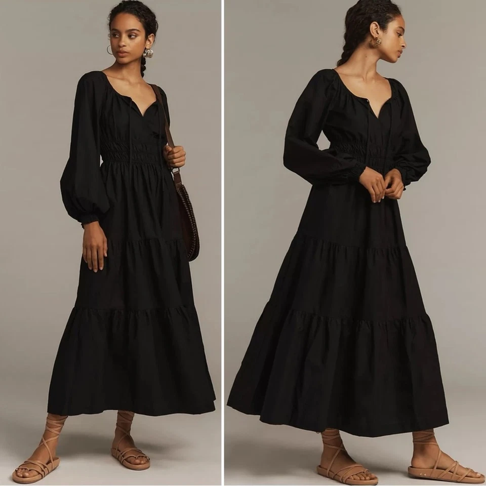 Платье макси Anthropologie The Somerset: издание с длинным рукавом-затяжкой черное большое - Изображение 1 из 4