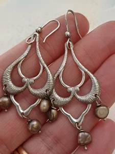 Vintage Earrings Silver Tone & Real Pearl Dangly Dangle Hook 5cm Drop - Picture 1 of 3