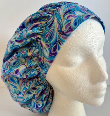 Turquoise Purple Print Size Large Medical Bouffant Scrub Cap Surgery Hat - Image 1 of 4