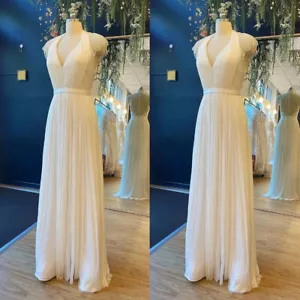 Chiffon A Line Wedding Dresses White Ivory V Neck Simple Beach Bridal Gowns - Picture 1 of 10