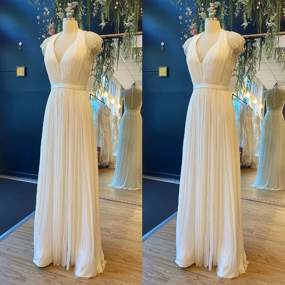 Chiffon A Line Wedding Dresses White Ivory V Neck Simple Beach  Bridal Gowns - Image 1 of 4