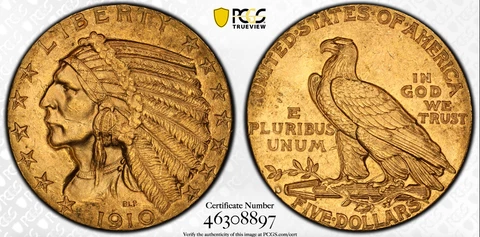 1910-D PCGS MS63 $5 Gold Indian Half Eagle Cover