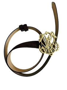 Rare Gold Tone Monogram Ladies Belt Brown Suede 45”L - Picture 1 of 5
