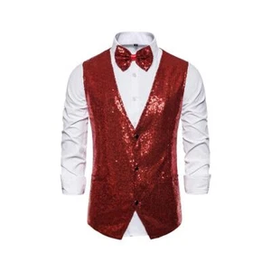 Men's Sequin Vest Shiny Suit Vest V-Neck Party Dress Waistcoat with Bowtie - Picture 1 of 3