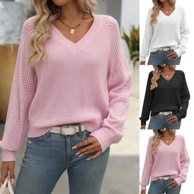 Womens Knit Jumper Blouse Top Long Sleeve Open-Knit Crochet V-Neck Pullover - Image 1 of 2