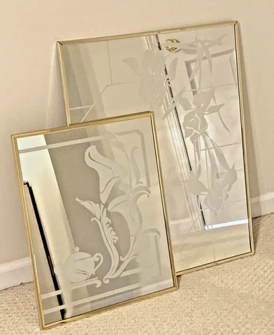 Hollywood Regency Vintage Etched Calla Lily Floral Mirror - Gold Aluminum Frame Cover