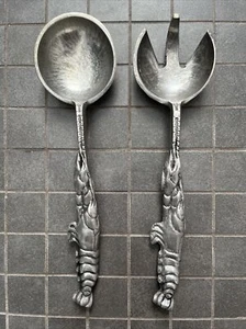 Vintage Pewter Serving Spoon & Fork Salad Servers w/ Lobster Handles 12.5” Long - Picture 1 of 6
