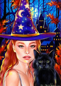 Limited Edition ACEO PRINT Witch Black Cat Magic Halloween Spooky M. Mishkova