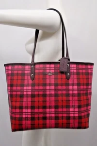 Coach F22249 NEW Reversible Coated Canvas Shadow Plaid Tote Bag Pink Red Brown - Picture 1 of 9