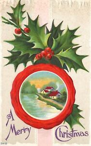 Vintage Postcard 1911 Merry Christmas Holly Berries Houses Beside Lake Greetings