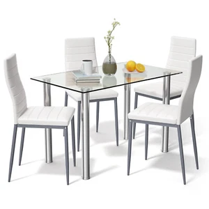Giantex 5Pcs Modern Dining Table Set Kitchen Furniture w/ Glass Top Leather Seat - Picture 1 of 8