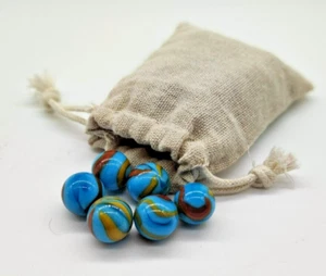 100 Round Glass Marbles Organic Cloth Bag Blue/Brown Retro Party Bag Gift Idea - Picture 1 of 4