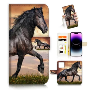 ( For iPhone 14 Pro Max ) Wallet Flip Case Cover AJ26265 Black Horse - Picture 1 of 6