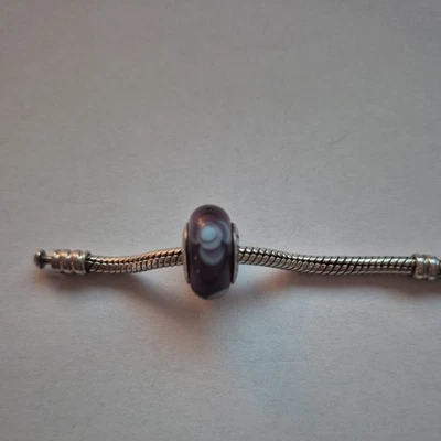 Pandora Charm Bead Murano Glas Violet mit blauer Blume & Sterling Silber 925 ALE - Bild 1 von 2