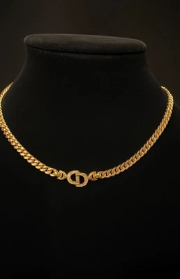 Christian Dior CD Cream Gold Cuban Necklace Crystals Montaigne Logo Vintage - Image 1 of 2