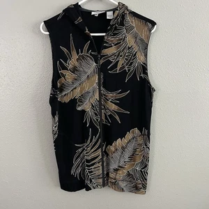 Chicos Travelers 2 Hooded Black Palm Print Full Zip Sleeveless Vest Slinky L 12 - Picture 1 of 9