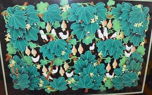 Pintura de arte popular campesino chino original POLLOS BAJO EL ENREJADO DE CALABAZA 1995 - Imagen 1 de 8